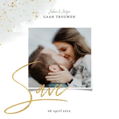 Kerstkaart save the date eucalyptus takje, spetters en foto 2