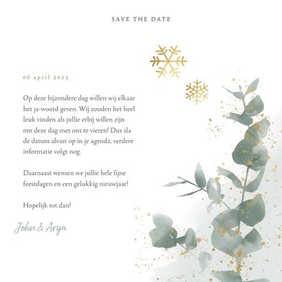 Kerstkaart save the date eucalyptus takje, spetters en foto 3