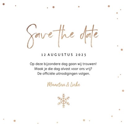 Kerstkaart save the date goud confetti sneeuwvlokken foto 3