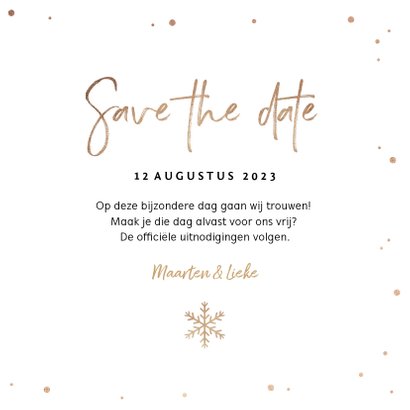 Kerstkaart save the date goud confetti sneeuwvlokken foto 3