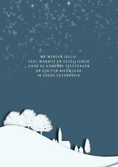 Kerstkaart silhouet landschap blauw-wit 2