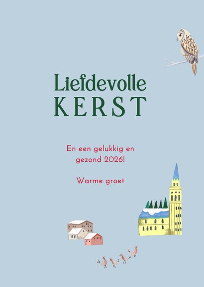 Kerstkaart ski landschap met bergen, sneeuw en kerkje 3