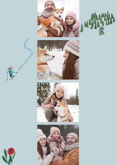 Kerstkaart ski landschap met vrouw in skipak 2