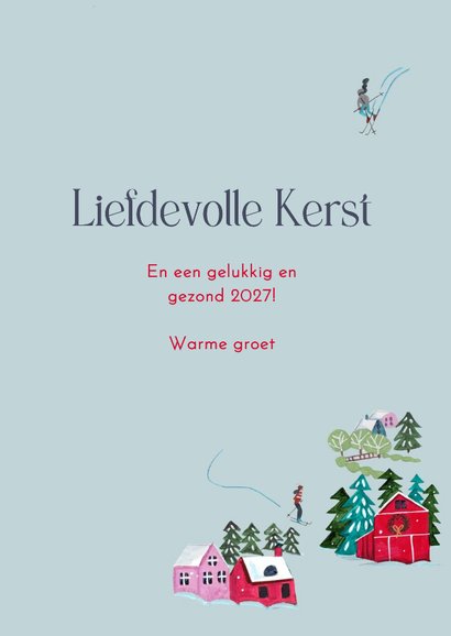 Kerstkaart ski landschap met vrouw in skipak 3