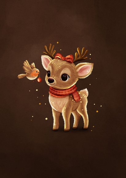 Kerstkaart sprankelend hert met roodborstje fijne kerstdagen 2
