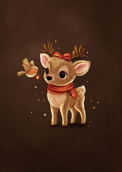 Kerstkaart sprankelend hert met roodborstje fijne kerstdagen 2