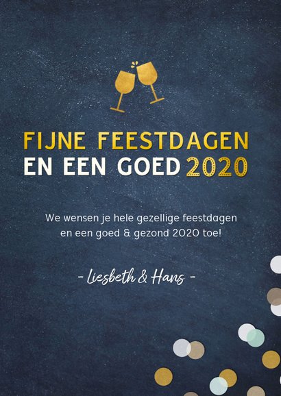 Kerstkaart staand met vrolijke gouden tekst 2020 & confetti 3