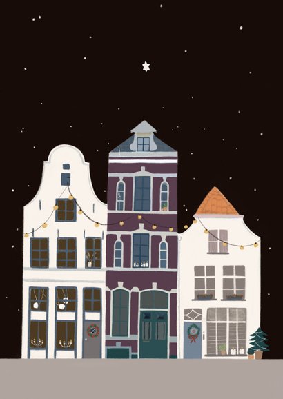Kerstkaart stad in winterse sfeer Achterkant