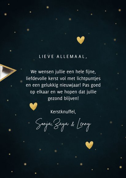 Kerstkaart sterren, foto's, hartjes en tekst liefde & licht 3