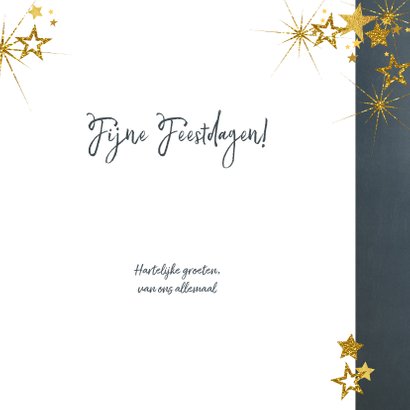 Kerstkaart stijlvol blauw met foto en goud sterren 2021 3