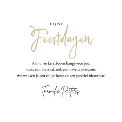 Kerstkaart stijlvol goud hartjes kerstknuffel kerstbal foto 3