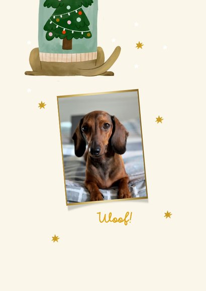Kerstkaart teckel happy dogmas trui kerstboom en sterren 2