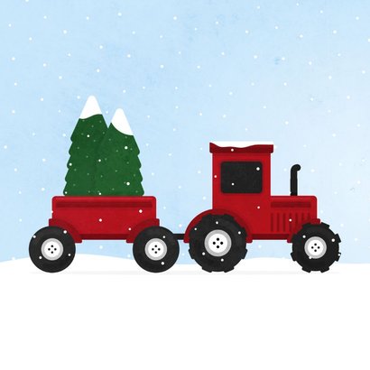 Kerstkaart tractor met kerstbomen en sneeuw agrarisch 2