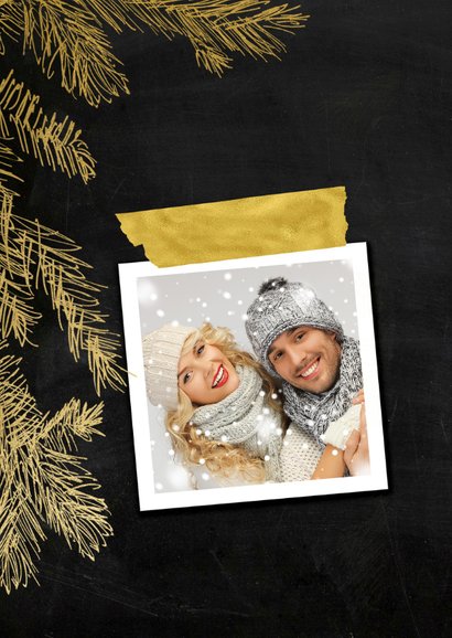 Kerstkaart trendy krijtbord dennetak en hert goud 2