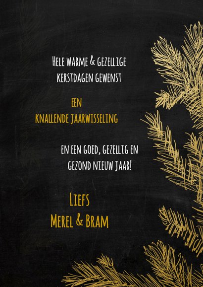 Kerstkaart trendy krijtbord dennetak en hert goud 3