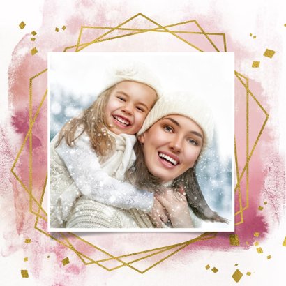 Kerstkaart trendy roze verf strepen, goud kader en sterren 2