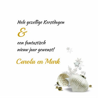 Kerstkaart trendy streep goud witte kerstballen 3