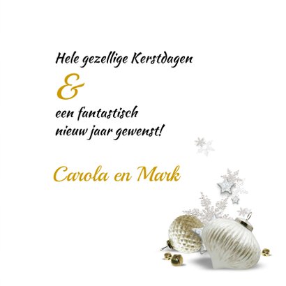 Kerstkaart trendy streep goud witte kerstballen 3