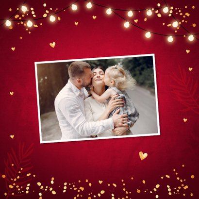 Kerstkaart typografie lampjes confetti goudlook 2