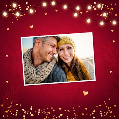 Kerstkaart typografie lampjes confetti goudlook 2