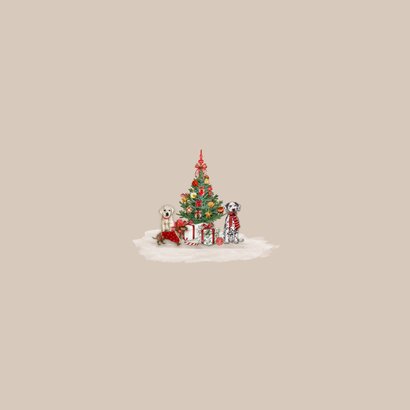 Kerstkaart uitnodiging kerstboom met hondjes Achterkant