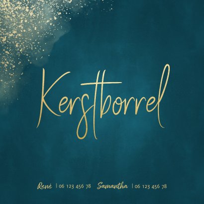 Kerstkaart uitnodiging kerstborrel waterverf gouden spetters 2