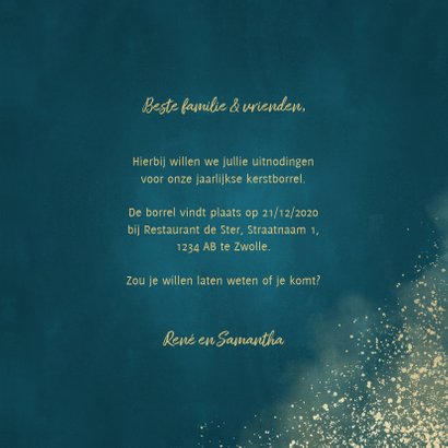 Kerstkaart uitnodiging kerstborrel waterverf gouden spetters 3