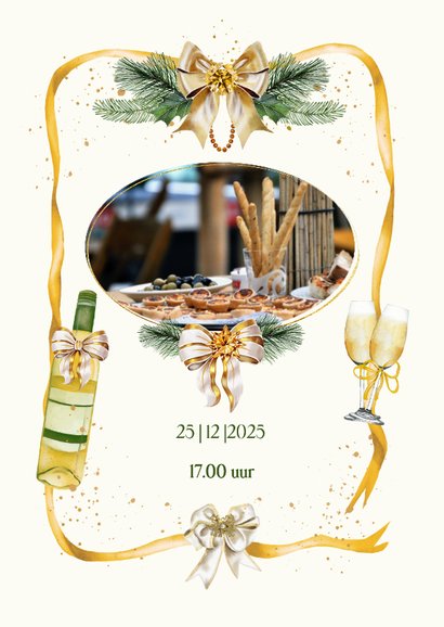 Kerstkaart uitnodiging kerstdiner strikken aan lint 2