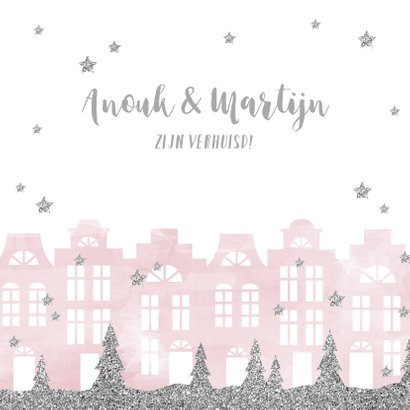 Kerstkaart verhuiskaart huisjes aquarel sterren 2