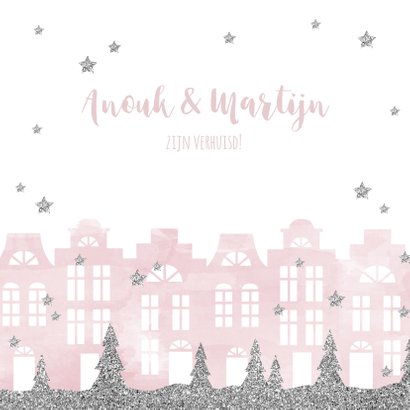 Kerstkaart verhuiskaart huisjes aquarel sterren 2