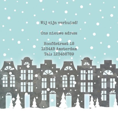 Kerstkaart verhuiskaart huisjes sneeuw foto 3