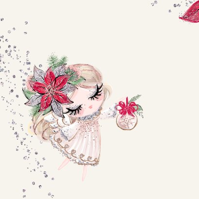 Kerstkaart vierkant engeltje met zilverglitter 2