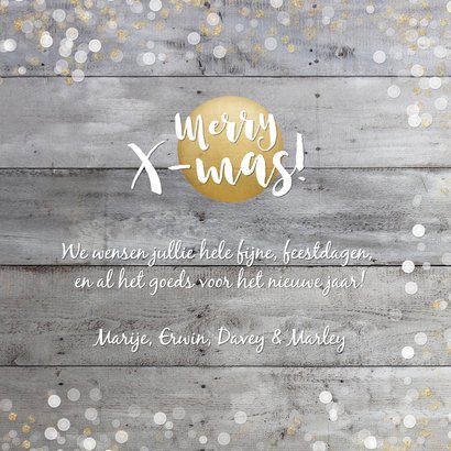 Kerstkaart vierkant met goud en witte confetti en grote foto 3