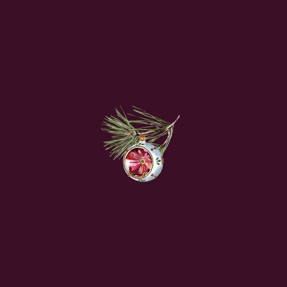 Kerstkaart vintage kerstballen dennentakken Achterkant