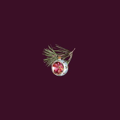Kerstkaart vintage kerstballen dennentakken Achterkant