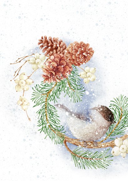 Kerstkaart vogels op kerstkrans in de winter met foto 2