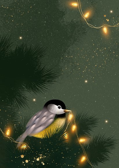 Kerstkaart vogeltje kerst lichtjes 2