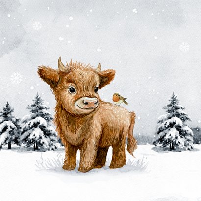 Kerstkaart vrolijk kerstfeest schotse hooglander roodborstje 2