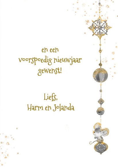 Kerstkaart vrolijk met kerstballen en muisjes 3