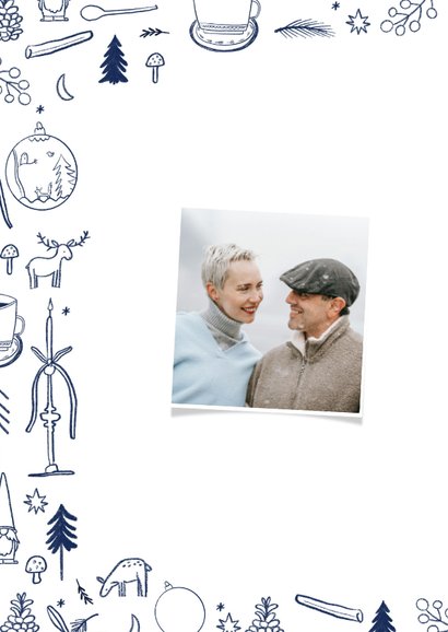 Kerstkaart vrolijke blauwe tekeningen fijne kerst 2