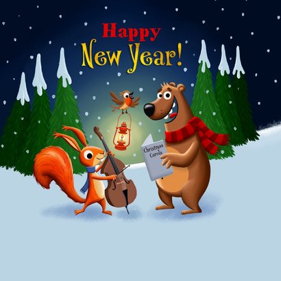 Kerstkaart vrolijke bosdieren zingen kerstliedjes! 2