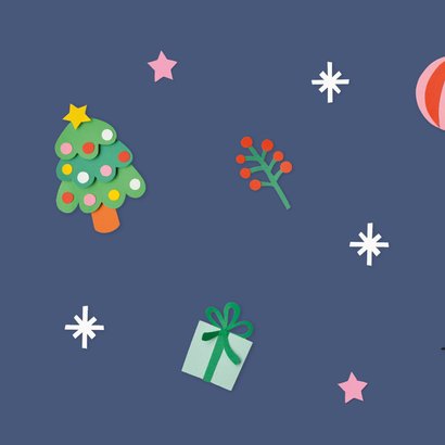 Kerstkaart vrolijke figuren donkerblauw 2