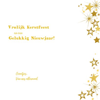 Kerstkaart vrolijke hippe fotokaart met goudkleurige sterren 3