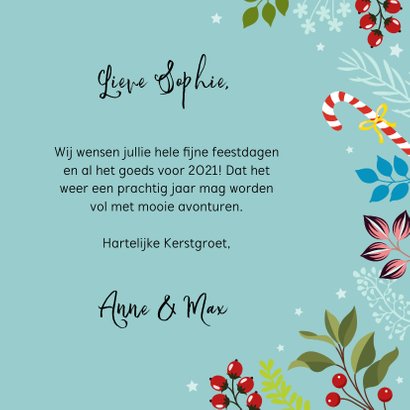Kerstkaart vrolijke hond, bloemen en planten 3