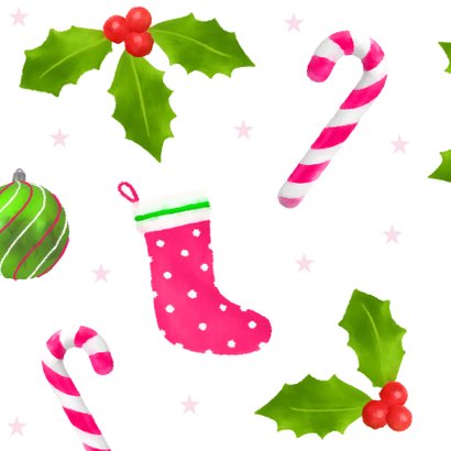 Kerstkaart vrolijke kaart met roze elementen hulst kerstbal Achterkant