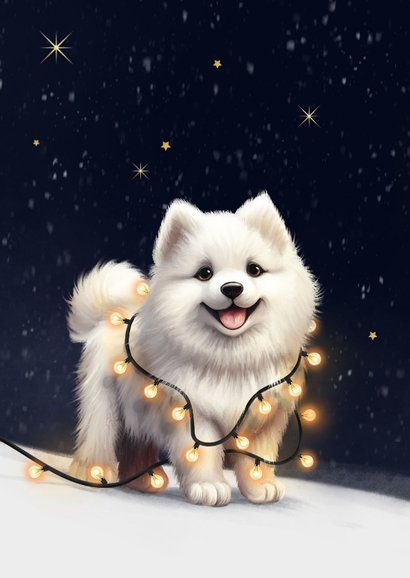 Kerstkaart vrolijke kerst hond Samojeed puppy winter lampjes 2