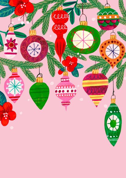 Kerstkaart vrolijke retro illustratie kerstballen Achterkant