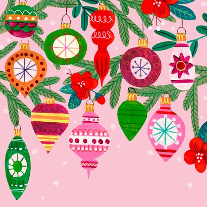 Kerstkaart vrolijke retro kerstballen illustratie Achterkant