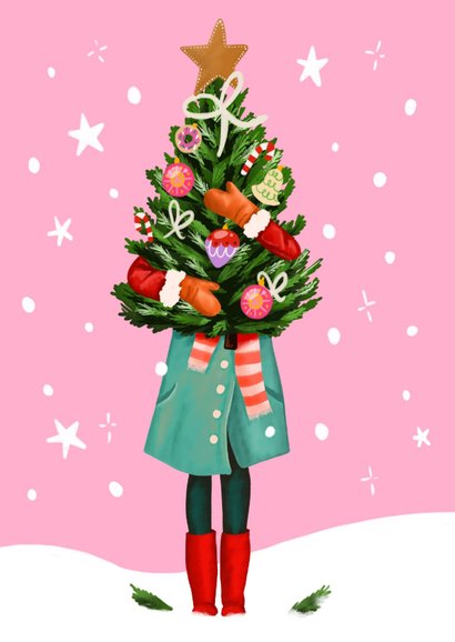 Kerstkaart vrouw met kerstboom merry everything happy always 2