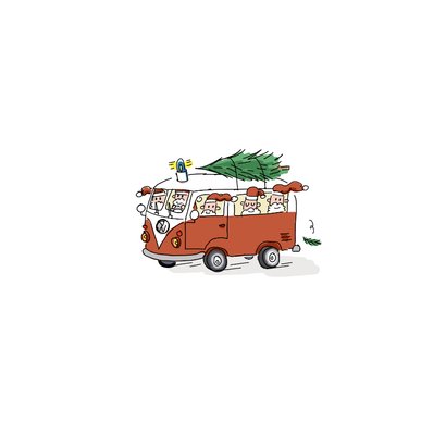 Kerstkaart vw busje met kerstmannen en kerstboom Achterkant